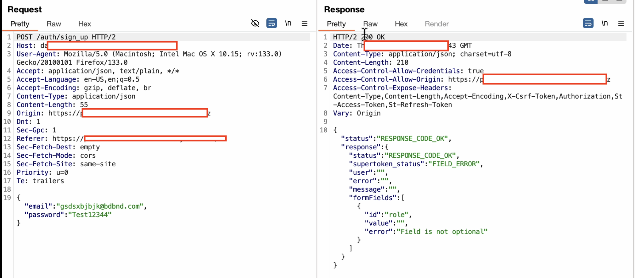 Server response after switching request to signup endpoint