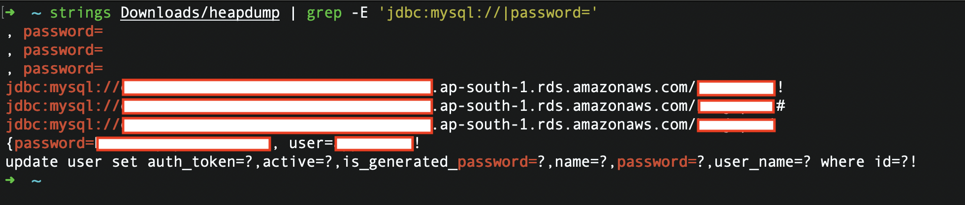 Extracting database credentials from heapdump using strings